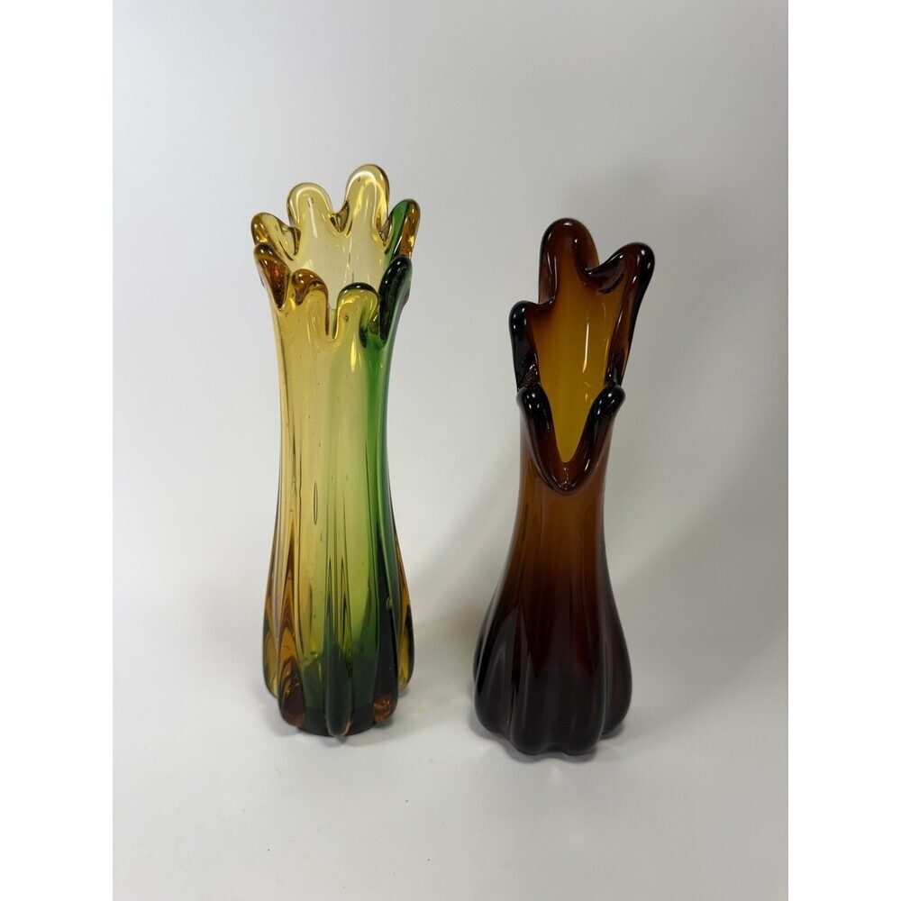 Vtg Pair Swung Glass Vase Green Root Beer 8-5 Finger 9” Tall Stretch MCM K2